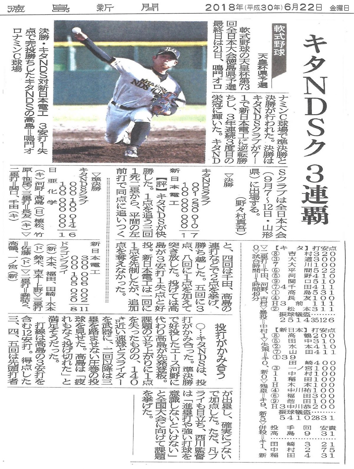 徳島新聞に“キタNDSクラブ3連覇”の記事が掲載されました